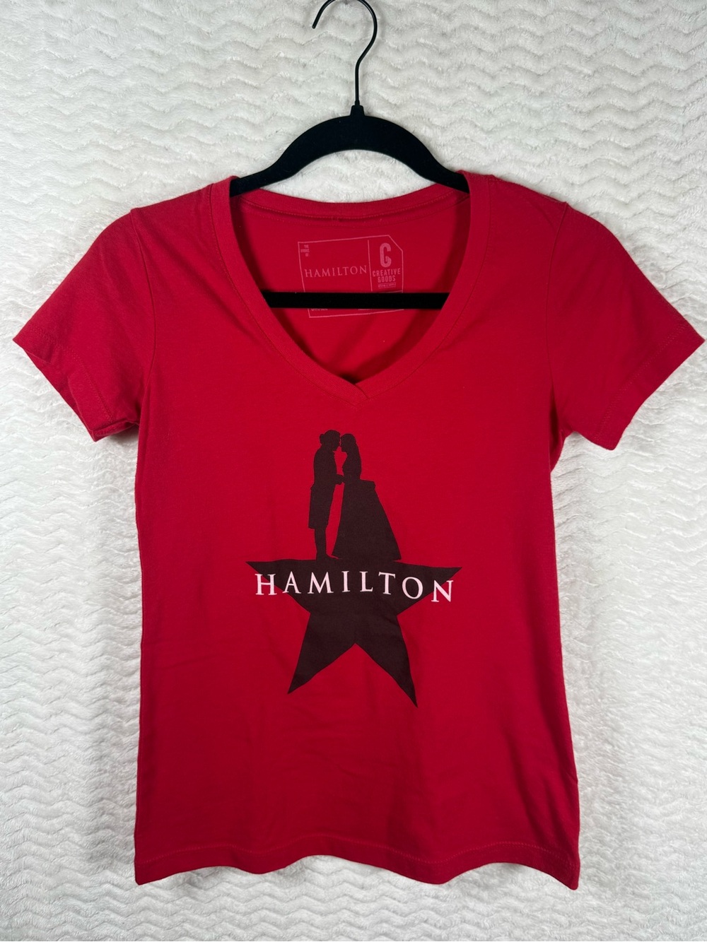 Hamilton Women's Red V-Neck Tee with Black Star Silhouette